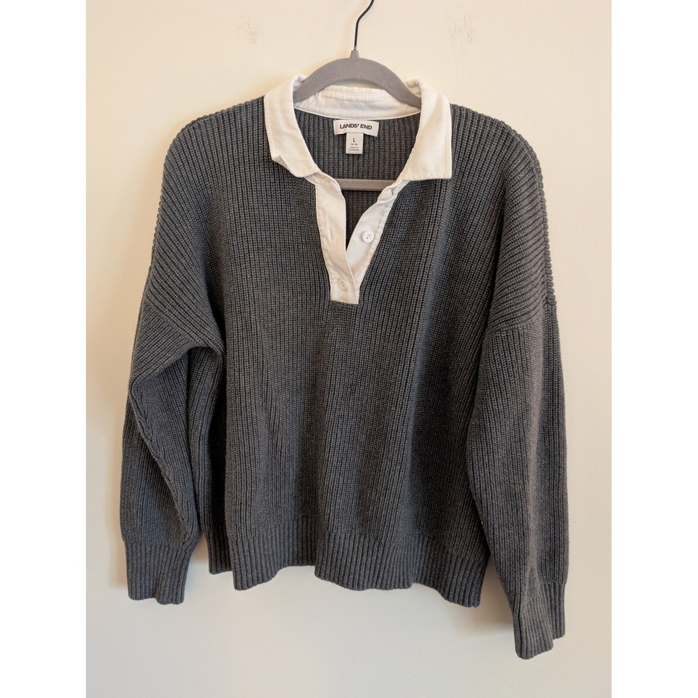Lands End Womens Gray Cotton Shaker Stitch Polo Collar Drifter Sweater Large